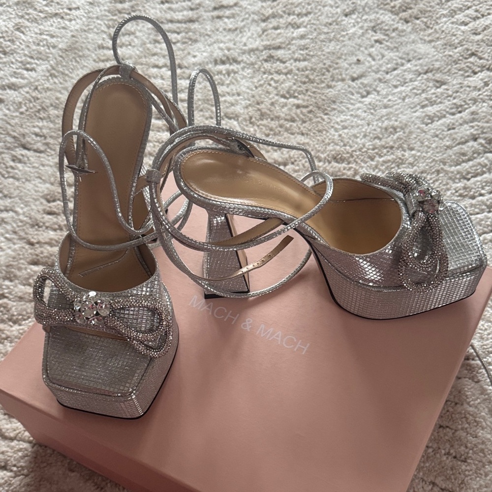 MACH & MACH Glittering Silver Heels with Bow Detail